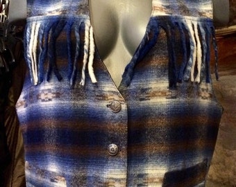 1990's fringed wool plaid vest. Size M/L.