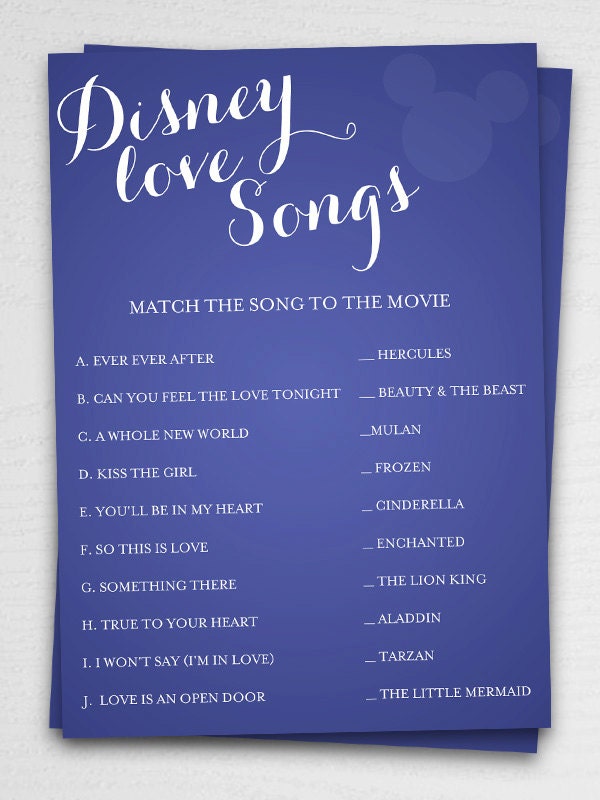 Disney Love Songs Bridal Shower Game