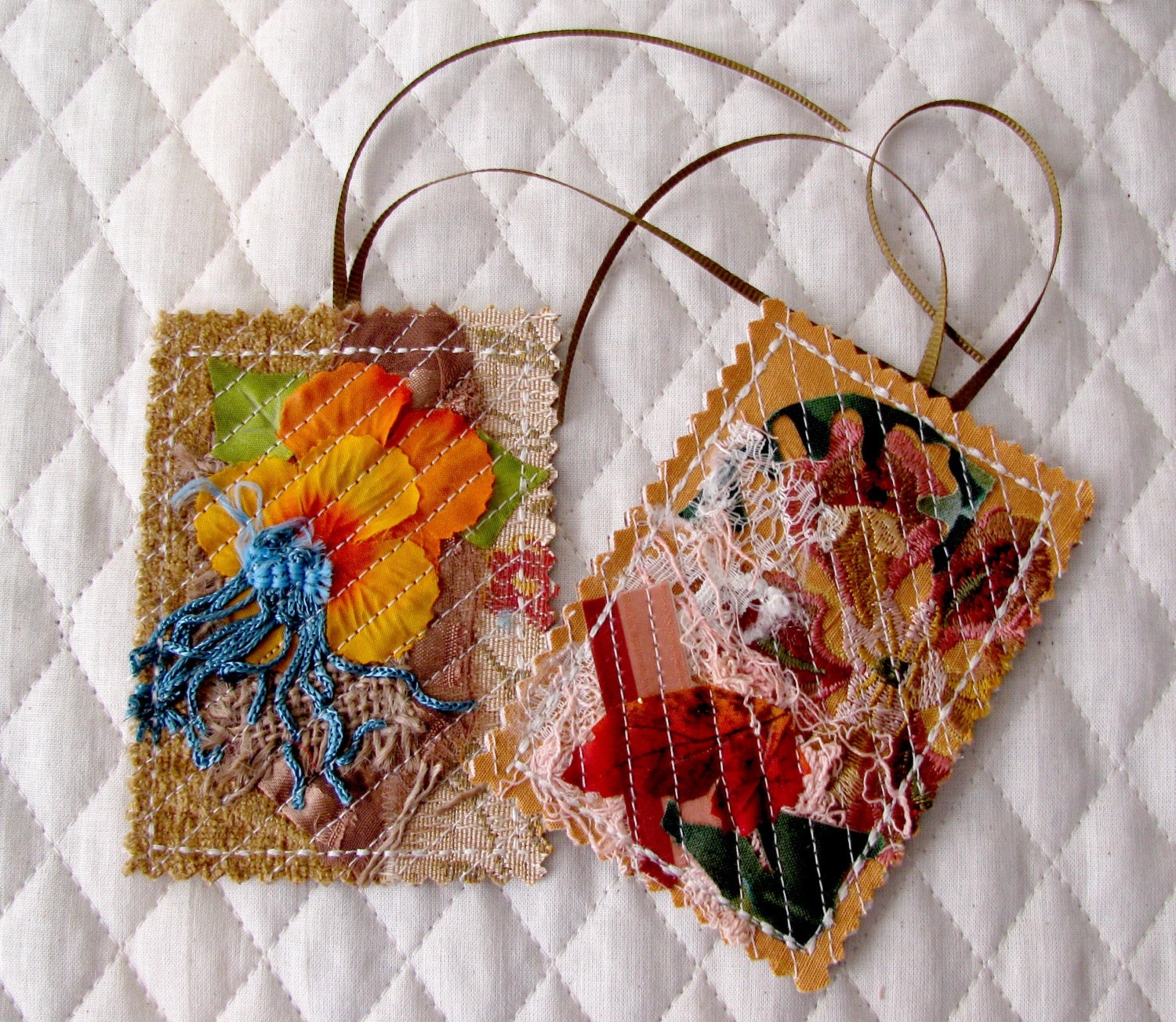 Fabric Gift Tag Textile Art Ornament Romantic by IckyChicDesigns