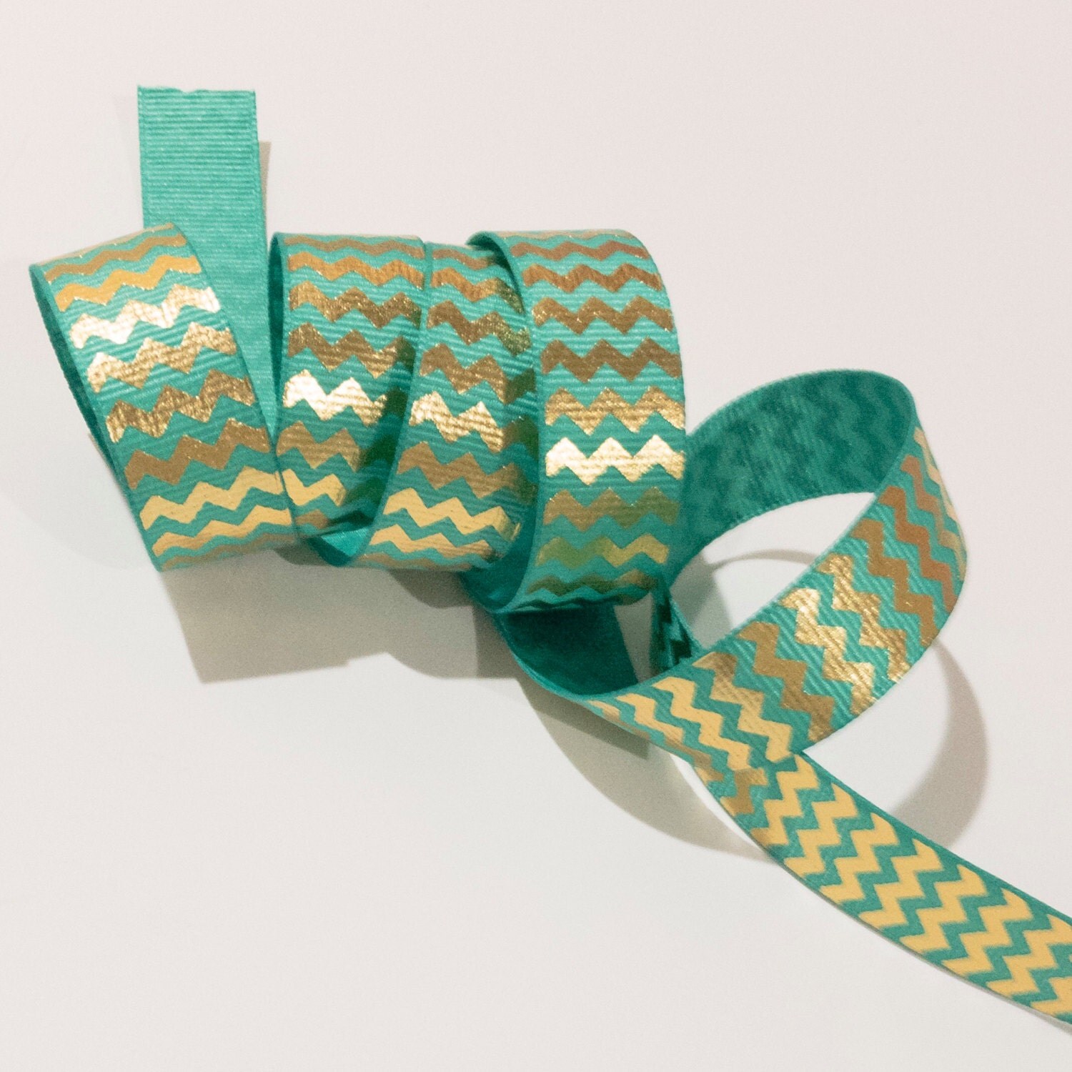 Gold Chevron on Teal Ribbon, Metallic Gold Chevron Stripe Design on