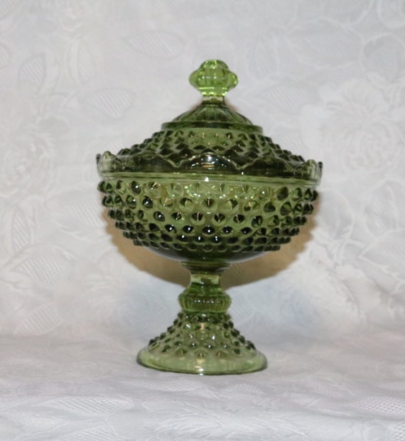 Fenton Glass Co Colonial Green Hobnail Glass Footed Pedestal