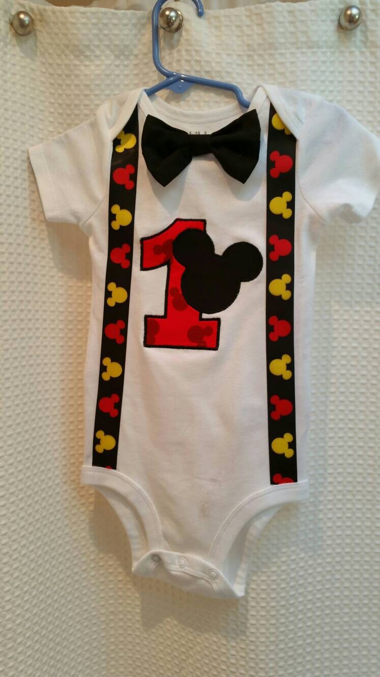 Mickey Mouse Onesie with Bowtie and Suspenders Customize with
