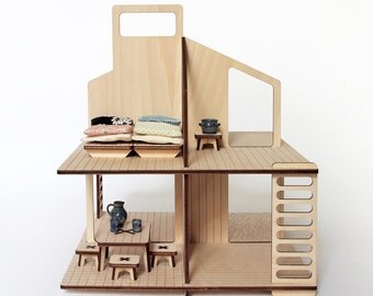 Wooden doll's house and its furniture