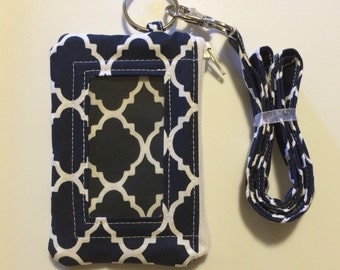 Hand Made Lanyard With ID Wallet in Navy Blue Moroccan Print With Extra Zipper