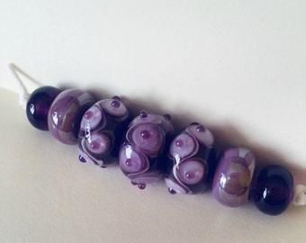 Purple Dotty Swirl Lampwork Beads - Handmade Bead Set - Lampwork Glass Beads - Purple Doughnut Beads - Polka Dot Beads - UK Artisan Handmade