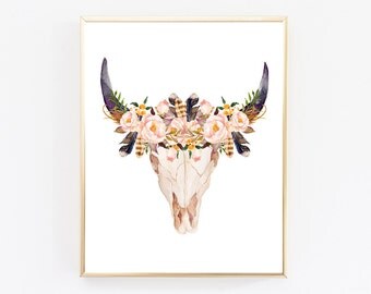 Boho print Boho wall art Boho room decor Cow skull print Southwestern art Printable gift Cow skull decor Cow skull wall art Cow head print