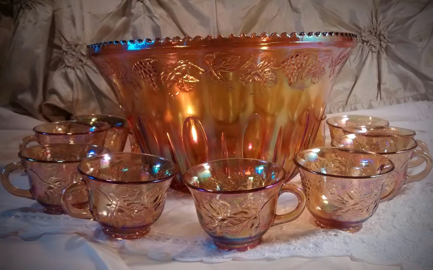 Marigold Carnival Glass Punch Bowl Set in the Harvest Grape