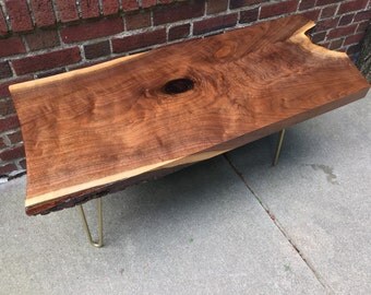 Mid Century Modern Live Edge Coffee Table Rustic Industrial Wood Slab Black Walnut Gold Hairpin Legs