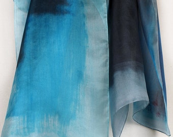Aquamarine silk scarf Hand painted silk scarf Small abstract scarf in Olympian blue,grey aqua. Painting on silk. Mothers Day gift under 50