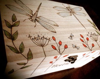 Wooden box, drangonflies, pyrography trinket box, personalised gift, memorial box, extra large jewellery box, anniversary gift