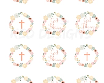 Printable-Christening-Baptism-Dedication-Cupcake Toppers-Personalize-God Bless-Digital-Vintage-white-Floral Wreath-Laurel Wreath