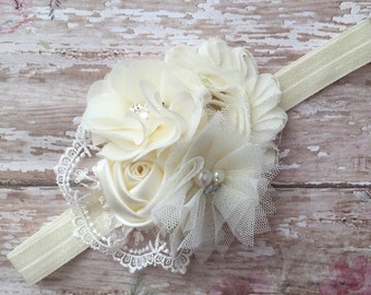 Ivory baby headband- ivory headband- ivory newborn headband-ivory vintage lace headband- ivory baptism headband-ivory christening headband-