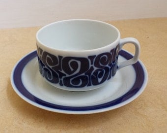 Mosa 12 and 21, Maastricht, Netherlands: vintage seventies teacup with saucer, dark blue decoration