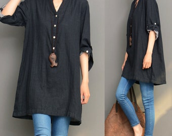 Black linen top linen tunic shirt asymmetrical caftan spring autumn top loose blouse maxi top plus size clothing handmade top custom