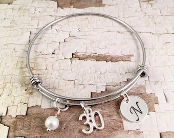 30th birthday gift, birthday bracelet, Initial Charm Bracelet, adjustable bangle, 30th birthday bracelet, pearl bracelet, gift for her