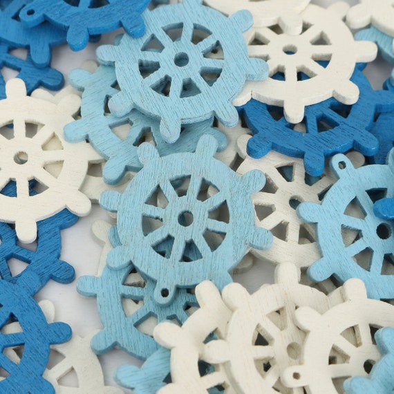 10 Wooden Wheel Sea Anchor Nautical Embellishments Blue