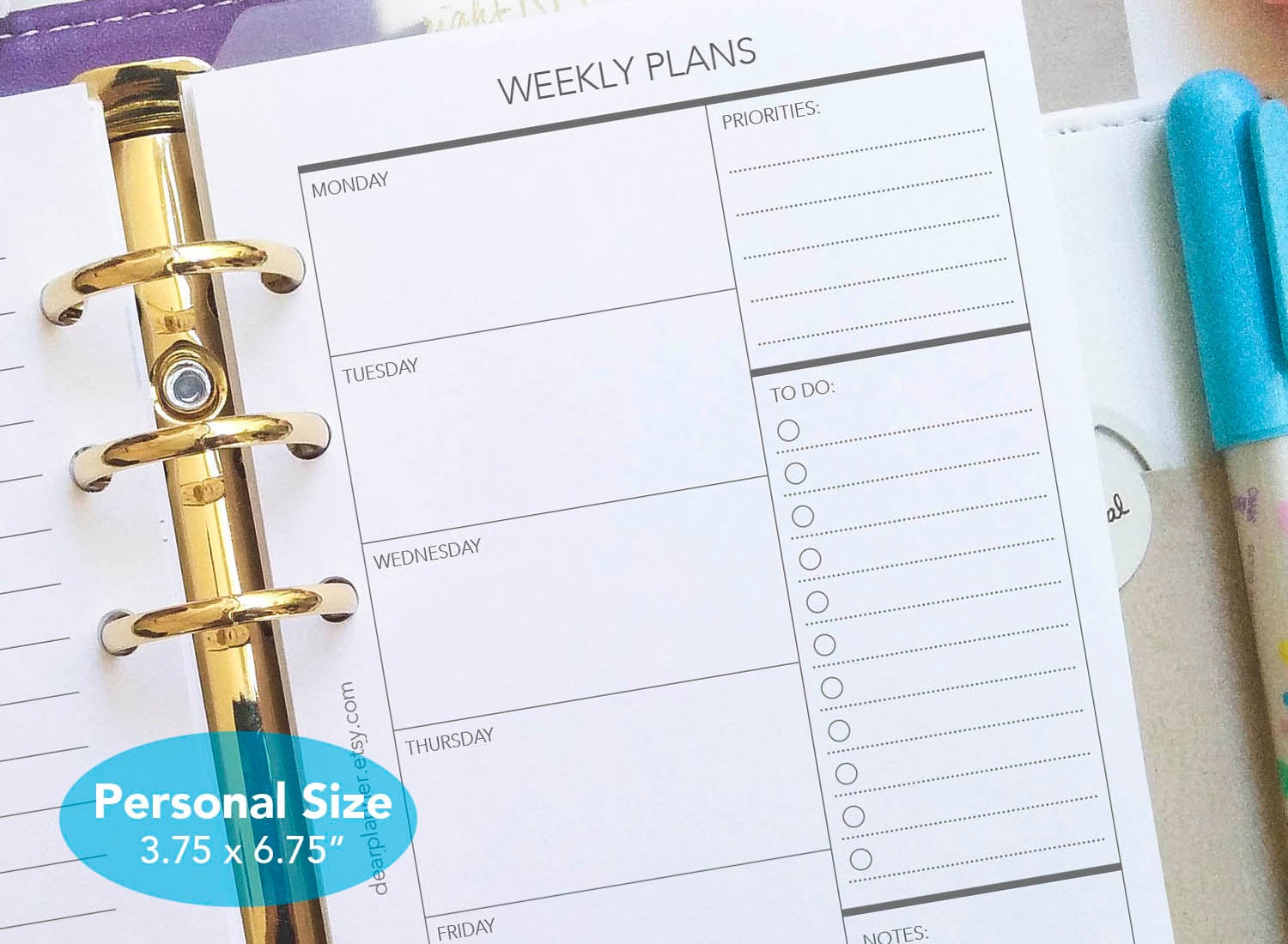 PRINTED Week on one page Undated weekly planner insert