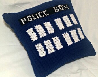 TARDIS Throw Pillow, Doctor Who Pillow, Crochet Pillow, Throw Pillow, Dr Who Home Decor, Police Box Pillow, TARDIS Accent Pillow
