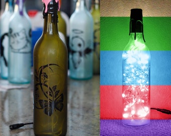 New- Floral - Flower - Wine Bottle Light - Frosted Green - Customizable + Color(s)&Adapter(s)- Gift For Her.