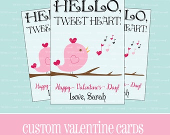 CUSTOM VALENTINE CARDS, Hello Tweet Heart, Bird, Customizable, Printable, Valentine, Valentine's Day, Kids, Printable Valentine Card
