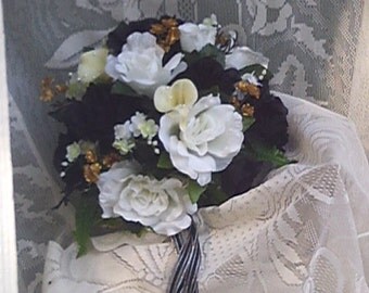 Silk Real Touch Round Wedding Bridal Bouquetblack White Gold Silk Real Touch Round Wedding Bridal Bouquetblack White Gold