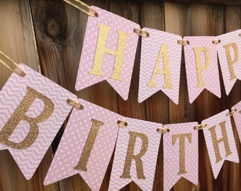 Pink and Gold Happy Birthday Banner, Pink and Gold Birthday, Pink and Gold Birthday Banner, 1st Birthday Banner, Pink Girl Birthday Banner