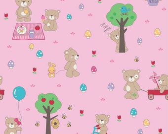 Teddy Bear Picnic Main Pink by Riley Blake Designs - Bears Trees Bumble Bees- Quilting Cotton Fabric - by the yard fat quarter half