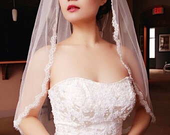 Andrea Bridal Wedding Veil light Ivory Scalloped Eyelash Lace with Pearls beaded Waist Length With Comb Best Seller Ready to Ship