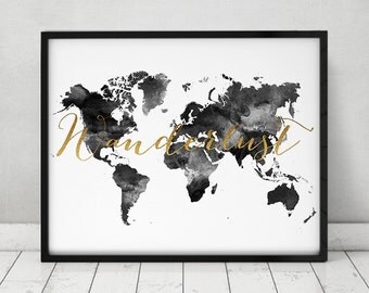 Wanderlust, World map watercolor print, world map poster, travel map, black & white with faux gold text, wedding guest book, ArtPrintsVicky.