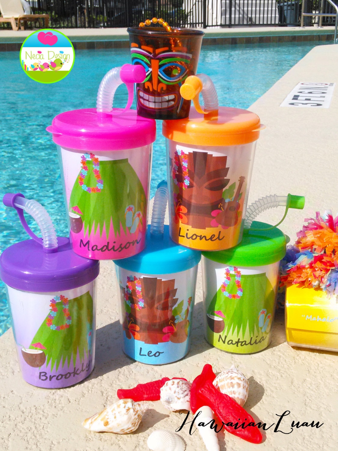 Hawaiian Luau Party Favor Cups Set of 6 Hawaii Beach Grass