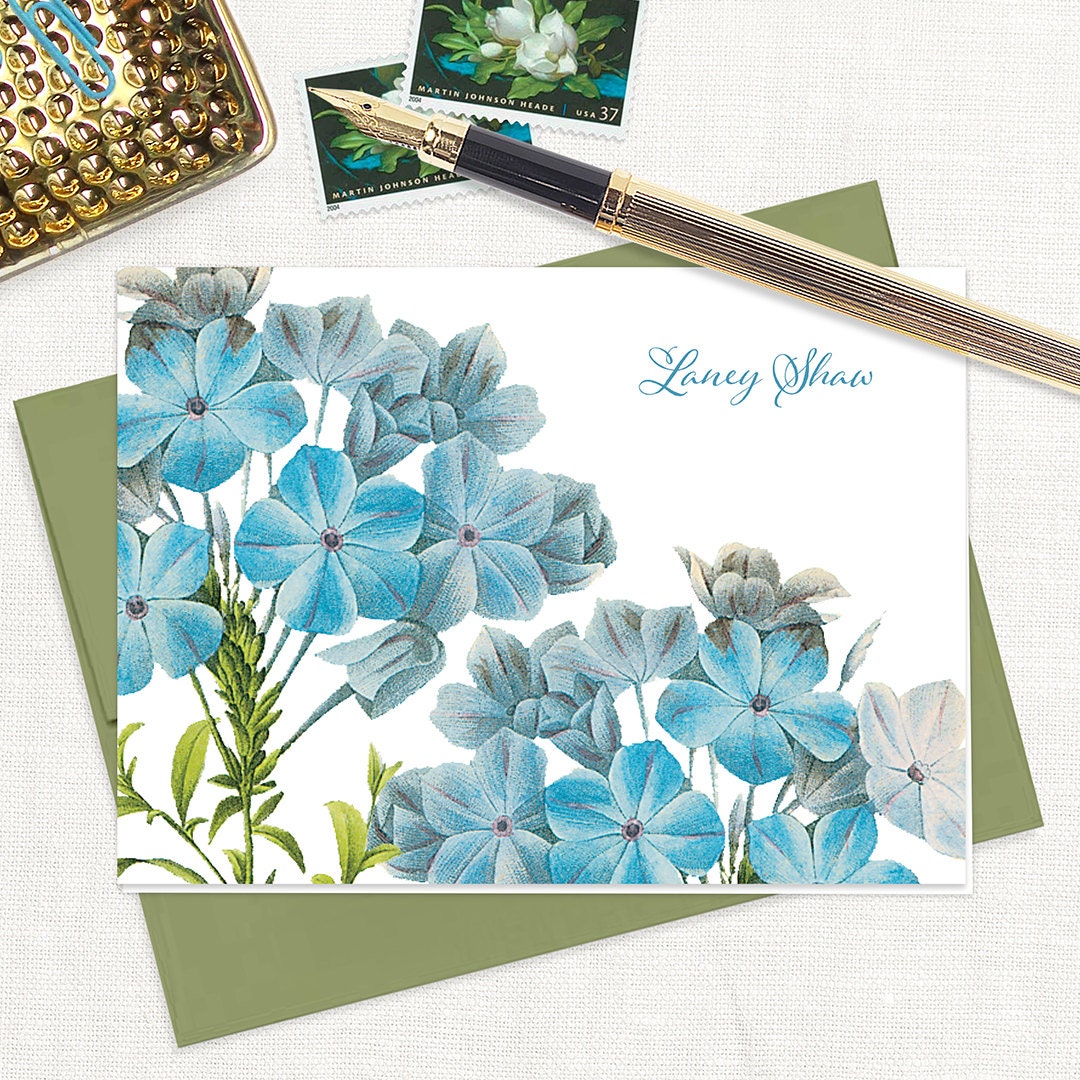 personalized stationery set - FORGET ME NOTS - set of 8 folded note cards - floral stationary - botanical - flowers - olive green envelope
