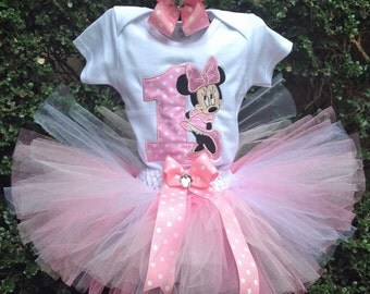 Pink Minnie Mouse 1st Birthday Outfit Onesie Tutu FREE Hair Bow Personalized