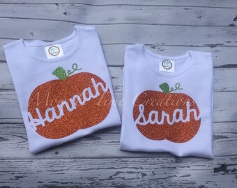 Girls personalized glitter pumpkin tee; girls fall shirt, baby pumpkin shirt