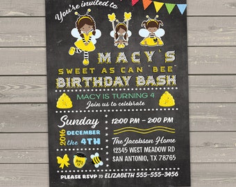 bee birthday invitations girl african american, yellow black honey bees, printable kids birthday party invites digital or printed invites
