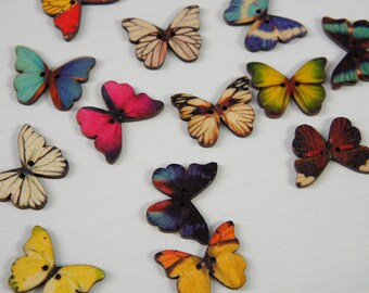 Realistic Butterfly Motif Wood Buttons with Sewing Holes - Multicolor Random 21 x 27mm - Country Fairy Tales Knit Scrapbooking Craft