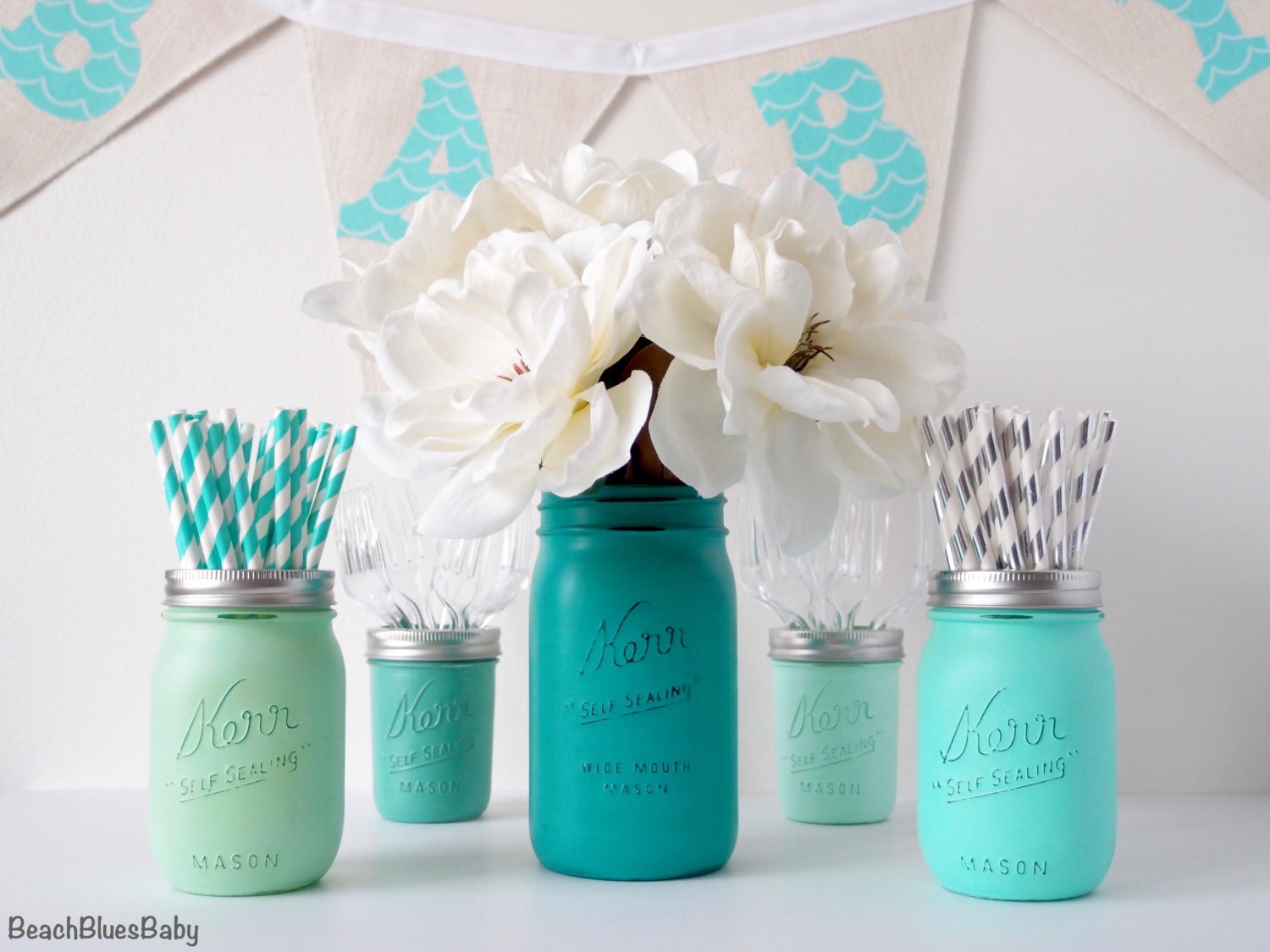 Boy Baby Shower Centerpiece Vase Mason Jars Blue by BeachBluesBaby