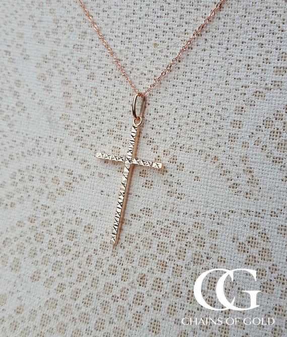 Fine 9ct Rose Gold Cross Necklace with a Hammered Finish