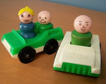 Two Vintage Fisher Price Little People vehicles and 3 wooden figures – green and white cars, male, female, boy