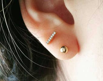 CZ Tiny Bar Earring, bar cartilage earring, simple helix sparkling piercing, tragus stud earring, line cartilage earring gold bar earring CZ