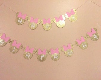 Minnie Mouse Happy Birthday Banner, minnie mouse banner, pink and gold minnie mouse banner, minnie mouse birthday