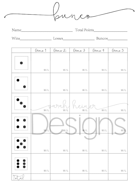 Bunco Score Sheet / 5 Games / black and white / 8.5 x 11