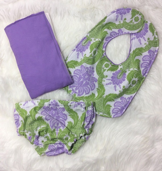 Floral Green Bib, Floral Purple Bib, Reversible Bib, Purple Bib, Purple Burp Cloth, Elegant Diaper Cover, Elegant Bloomers