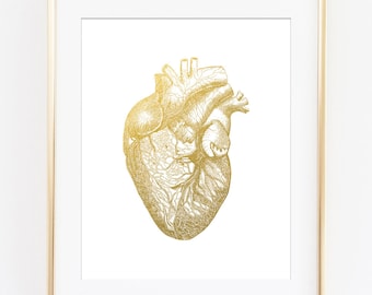 Anatomical Heart, Gold Anatomical Heart, Printable Art Print, Gold Heart Printable, Gold Wall Art, Gold Anatomy Print, Gold Office Decor