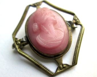Fabulous Antique Pink Glass Cameo C Catch Gold Tone Brass Tone Open Frame Oval Woman Profile Brooch Pin 1800's