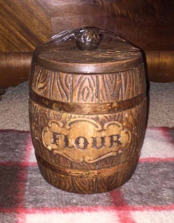 Vintage Old Time FLOUR BARREL Kitchen Canister Wood Style