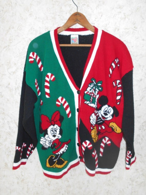 Vtg 90s Mickey Mouse Cardigan Ugly Christmas Sweater Minnie