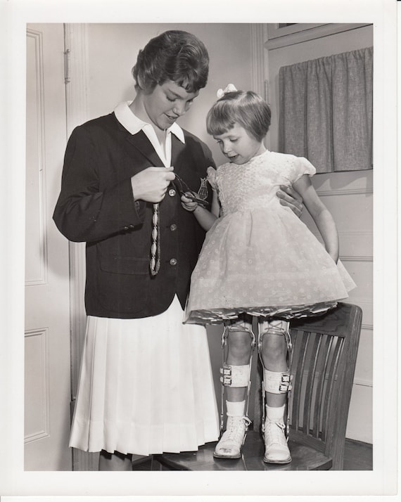 Polio cute girl braces award. B/W 1960 photo Portland OR 8