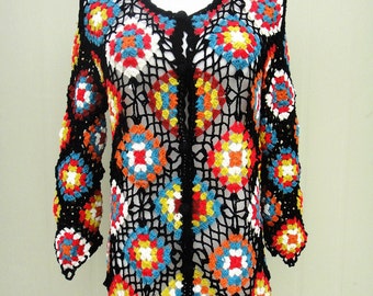 Granny Square Sweater Crochet Cardigan Long Sleeve Button Down