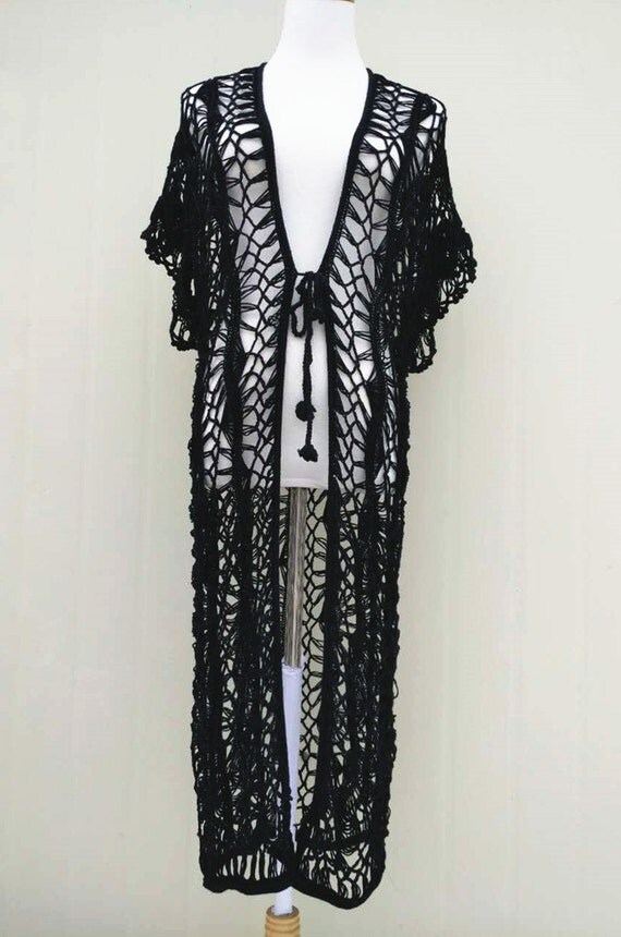 Black Long Crochet Cardigan Tie Front Short Sleeve Plus Size