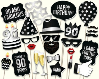 90th birthday photo booth props printable PDF. 90th birthday props. Ninetieth birthday party supplies. Mustache, lips, 90th birthday ideas